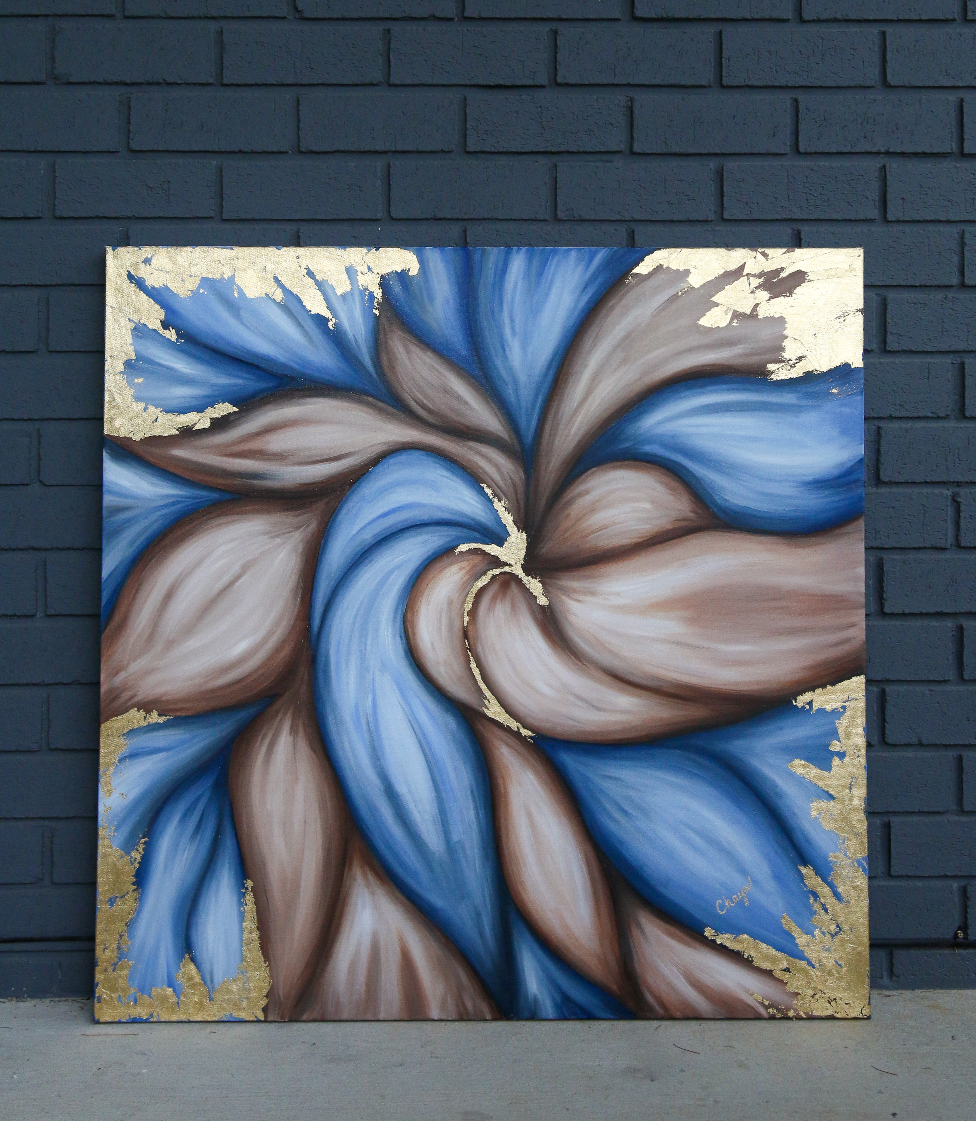 <h9> Gold Leaf Blossom <br> Oil and Gold Leaf on Canvas <br> 36x36<br>  $1500 </h9>